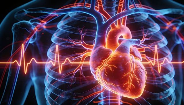 Glowing 3d anatomical heart revealing coronary arteries and ecg overlay inside ribcage