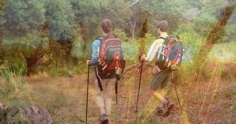 Couple hiking in forest with environmental overlay