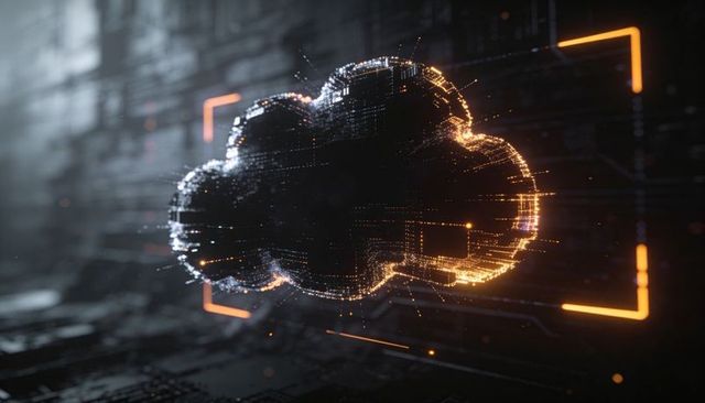 Holographic data cloud floating above circuit board with neon particle trails and frame