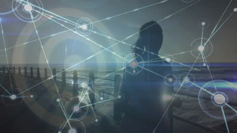 Female Runner Exercising with Digital Connection Network Overlay