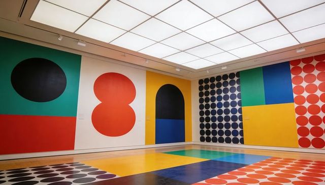 Bold colorblock and circle mural with painted floor in contemporary museum gallery