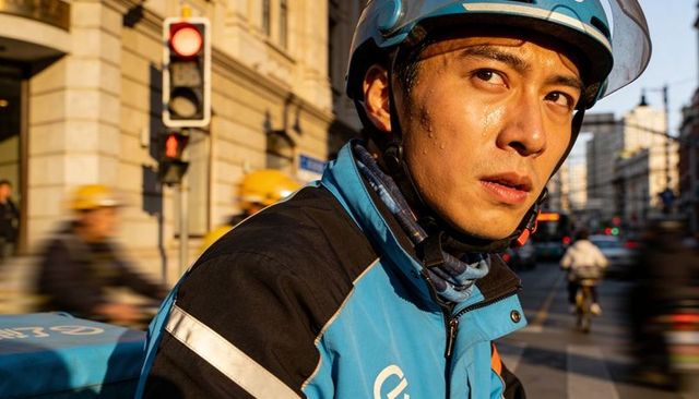 Urban delivery rider sweating while navigating rush-hour intersection with insulated box