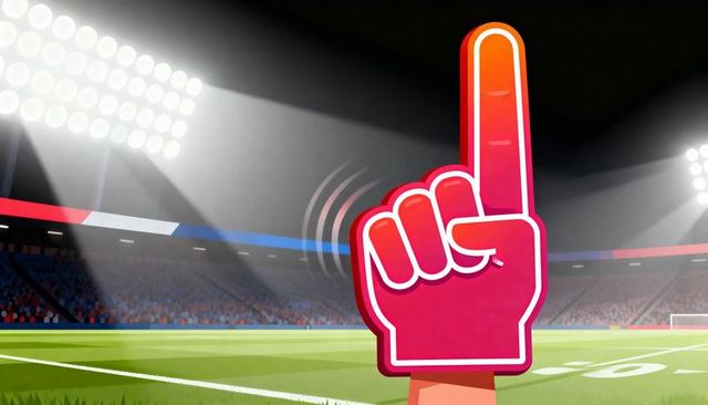 Bright pink foam finger cheering inside illuminated stadium under dramatic floodlights