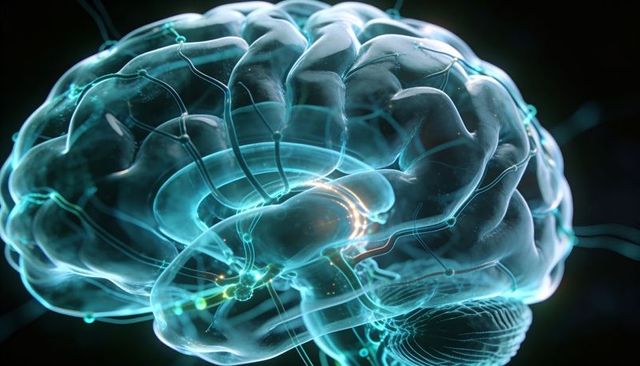 Translucent human brain displaying glowing neural pathways and synapse connectivity