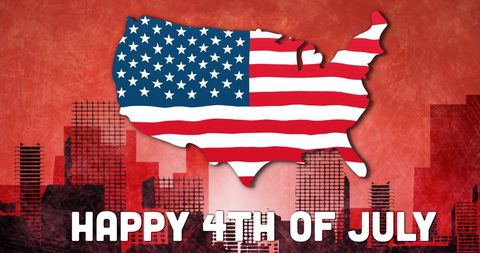 USA Map with Flag and Cityscape Celebrates 4th of July