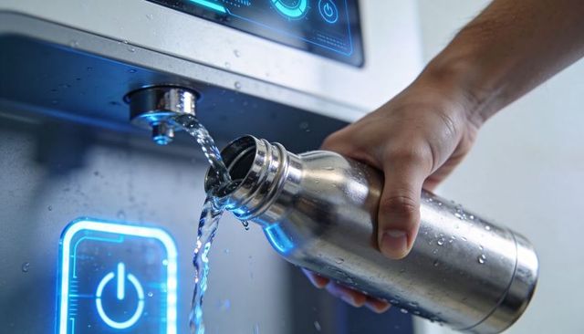 Hand filling stainless steel water bottle at touchscreen led dispenser in modern office