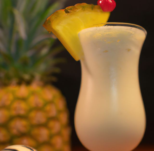 Close up of pina colada drink over pineapple created using generative ai technology. Party, celebration and drink concept, digitally generated image.