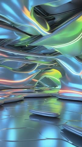 Gliding Camera Moving Through Futuristic Metallic Hall Revealing Reflective Arches Vertical Video