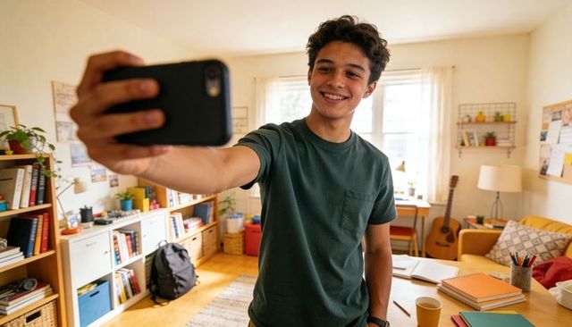 Teen taking selfie at study desk with guitar and bookshelves, smiling and relaxed