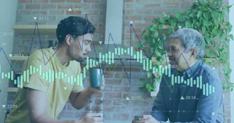 Son and Father Discuss Financial Growth with Graphs Overlay