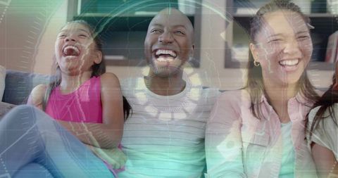 Laughing family relaxing on sofa with futuristic hud overlay and global network