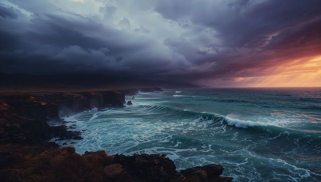 Dramatic Ocean Waves Crash Against Rocky Cliffs During Stormy Dusk