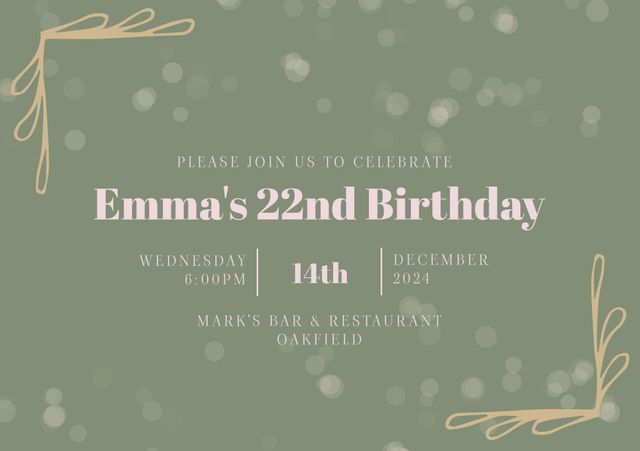 Elegant green and gold birthday invitation perfect for announcing a sophisticated 22nd birthday celebration. Includes details such as date, time, and location with festive designs and a modern layout. Ideal for social media invitations, printable invites, and stylish event announcements.