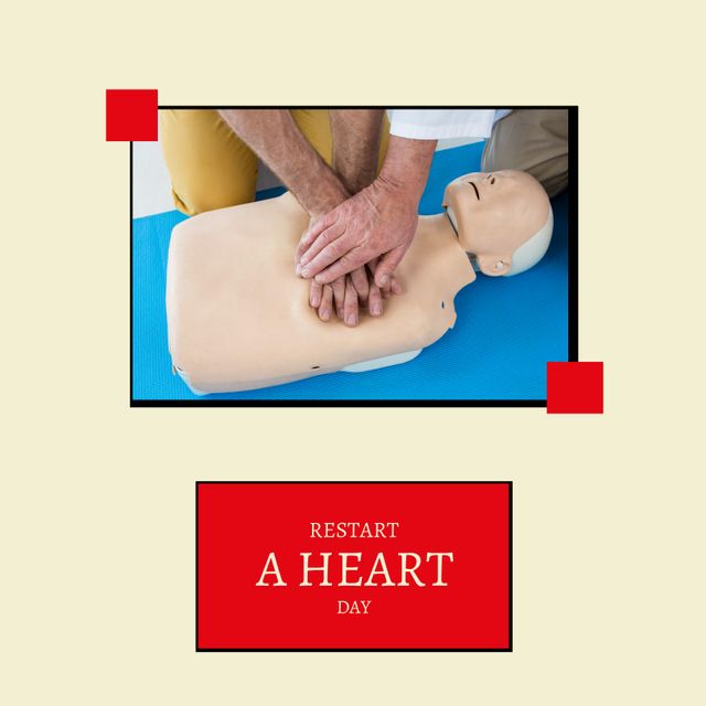 Composition of restart a heart day text with people doing cpr on beige background. Restart a heart day and celebration concept digitally generated image.