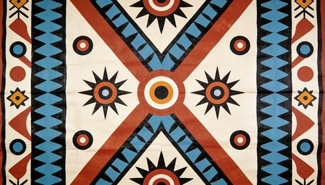 Bold geometric textile featuring sunburst motifs, concentric circles, zigzag borders, diagonal symme