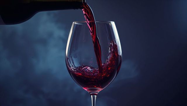 Moody pour of red wine into glass creating elegant swirl