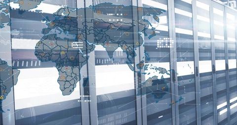Glass-front server racks reflecting world map overlay, showing global network connectivity