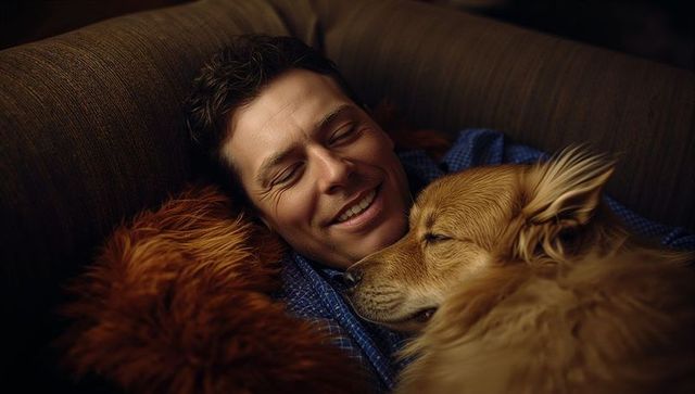 Man and golden dog cuddling on sofa, cozy warm moment of relaxation and close bond