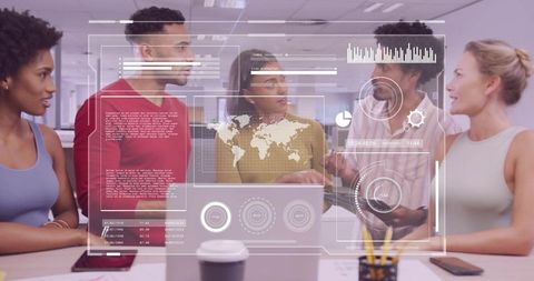 Multiethnic team collaborating with holographic data in modern office