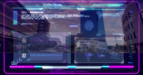 Futuristic slitscan holographic digital interface over cityscape