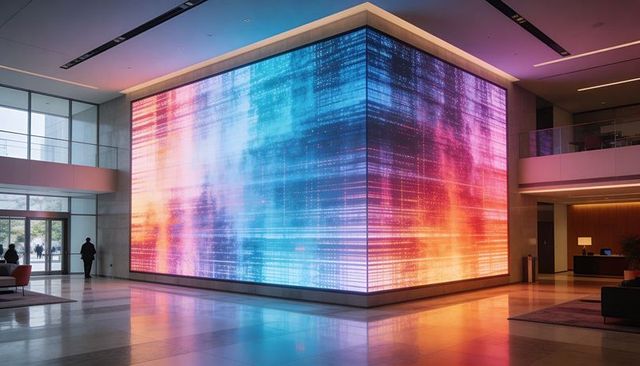 Displaying giant led cube installation lighting hotel lobby with vibrant abstract art