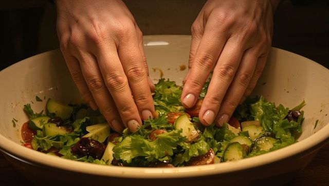 Manicured hands tossing fresh mixed salad with cucumber, tomato and olives in ceramic bowl