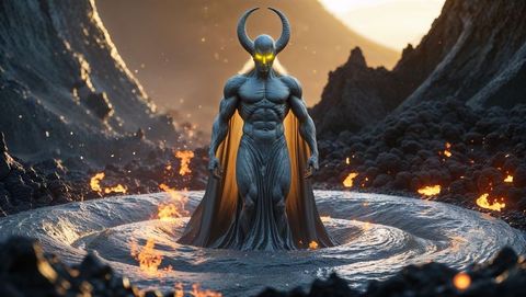 Demonic lucifer overlord emerging from molten lava with glowing eyes