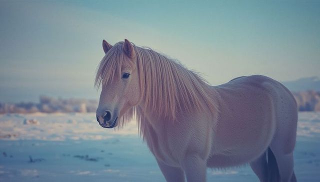 Elegant cream horse in serene snowy pasture under blue sky