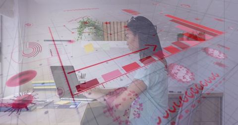 Woman Working on Laptop with Overlayed Red Data Charts