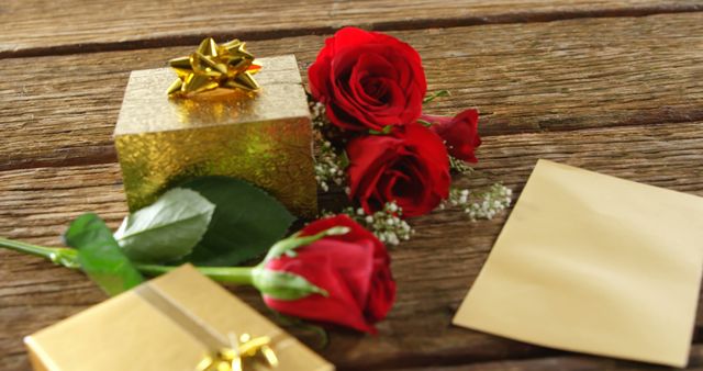 Perfect for romantic celebrations, this image captures golden gift boxes, red roses, and envelopes on a wooden table. Ideal for use in Valentine's Day promotions, anniversary cards, or love-themed events. It highlights the elegance and charm of floral decorations paired with thoughtful presents and love letters.
