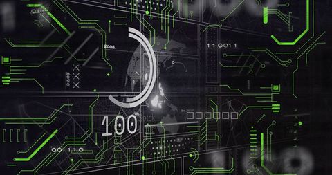 Futuristic technology interface with circuit overlay and digital gauge