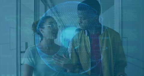 Futuristic Office Collaboration with Digital Globe Overlay