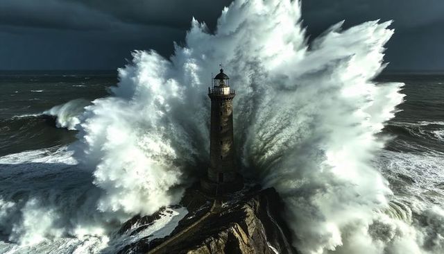 Waves exploding around solitary lighthouse on rocky promontory with towering spray and moody sky