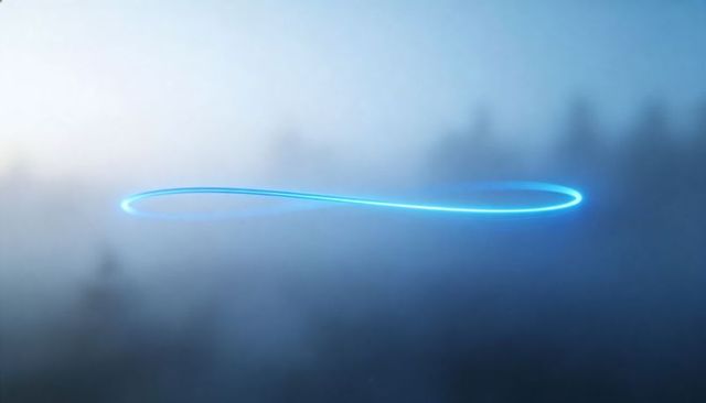 Hovering glowing cyan light ribbon looping above misty pine forest dusk neon halo