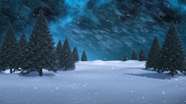 Scenic winter landscape showcases snow-covered ground and evergreen trees under a vibrant starry night sky. This peaceful scene features gently falling snowflakes, ideal for festive or holiday-themed digital projects, greeting cards, winter wallpapers, or event decorations. Perfect for conveying a serene winter atmosphere or Christmas spirit.