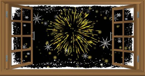Festive Fireworks Viewed Through Open Window on Winter Night