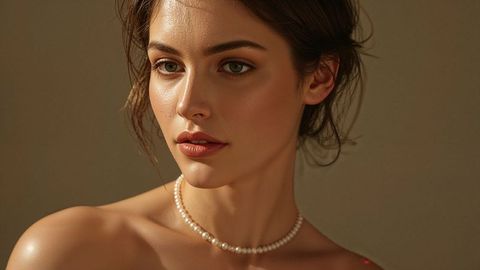 Elegant Portrait Woman Classic Single-Strand Pearl Necklace