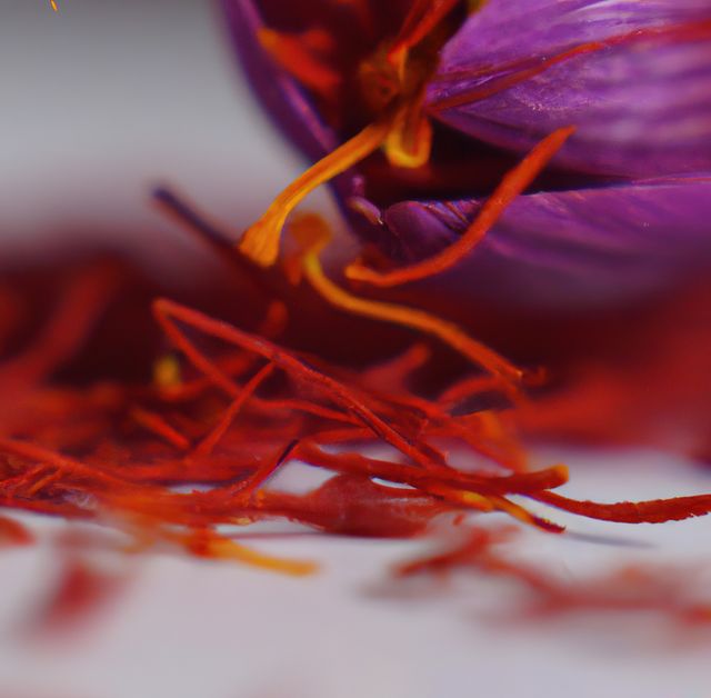 Close up of saffron with flower created using generative ai technology. Nature, seasoning and flavour concept, digitally generated image.