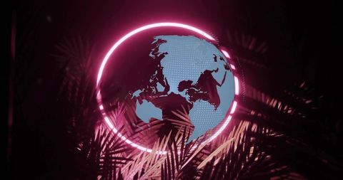 Glowing halftone globe rotating with magenta neon ring and palm frond silhouettes