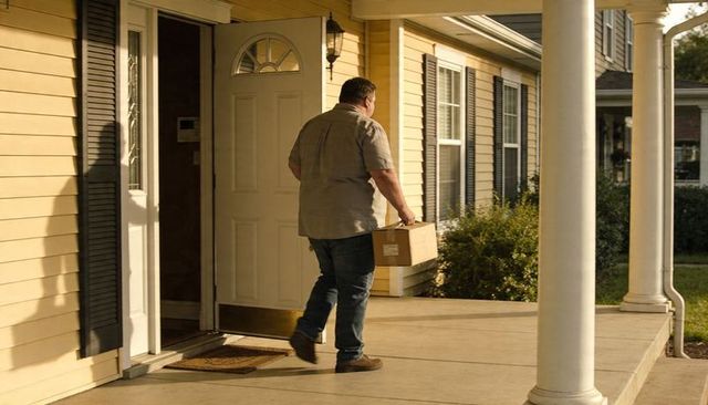 Carrying package onto sunlit suburban porch through open front door during golden hour