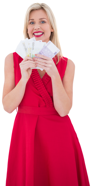 Smiling Woman in Red Dress Holding Euro Notes, Transparent Background - Download Free Stock Videos Pikwizard.com