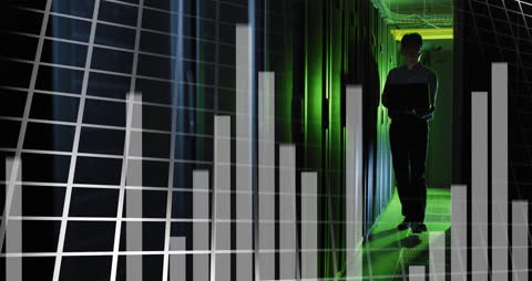 Data Technician Analyzing Server with Global Analytics Overlay