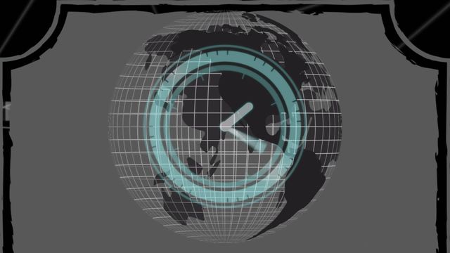 Illustration combines a rotating globe with an overlaid clock symbol framed by a grid design, representing concepts related to global business and time management. Ideal for use in presentations focused on international communication, logistical planning, and technological interfaces.