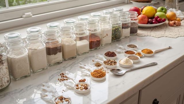 Displaying glass jar pantry with spices seeds and baking ingredients on marble countertop
