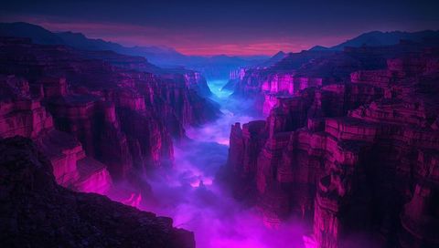 Neon canyon glowing with magenta and blue mist over tiered stratified cliffs at twilight