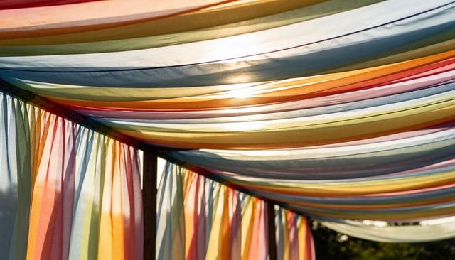Pastel sheer canopy drapes filtering sunlight on wooden pergola for garden events