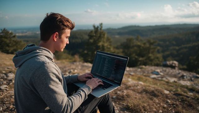 Working remotely on laptop hilltop overlooking forest valley developer coding outdoors