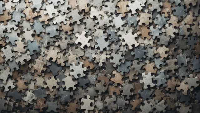 Overhead dense pile of distressed jigsaw puzzle pieces showing wood-grain texture