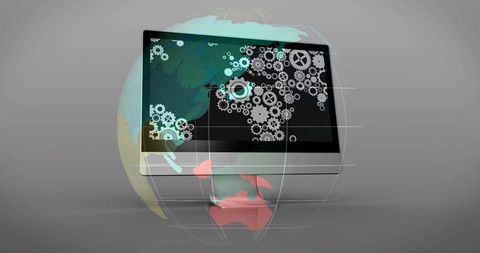 Futuristic virtual monitor with rotating grid and world map