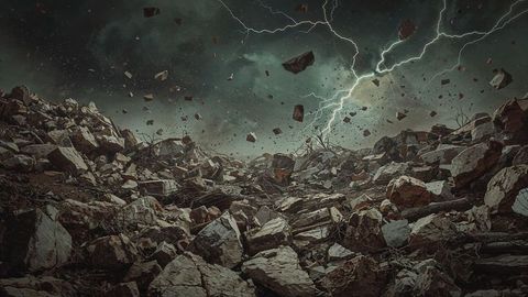 Earthquake apocalyptic wasteland with lightning and ruined debris